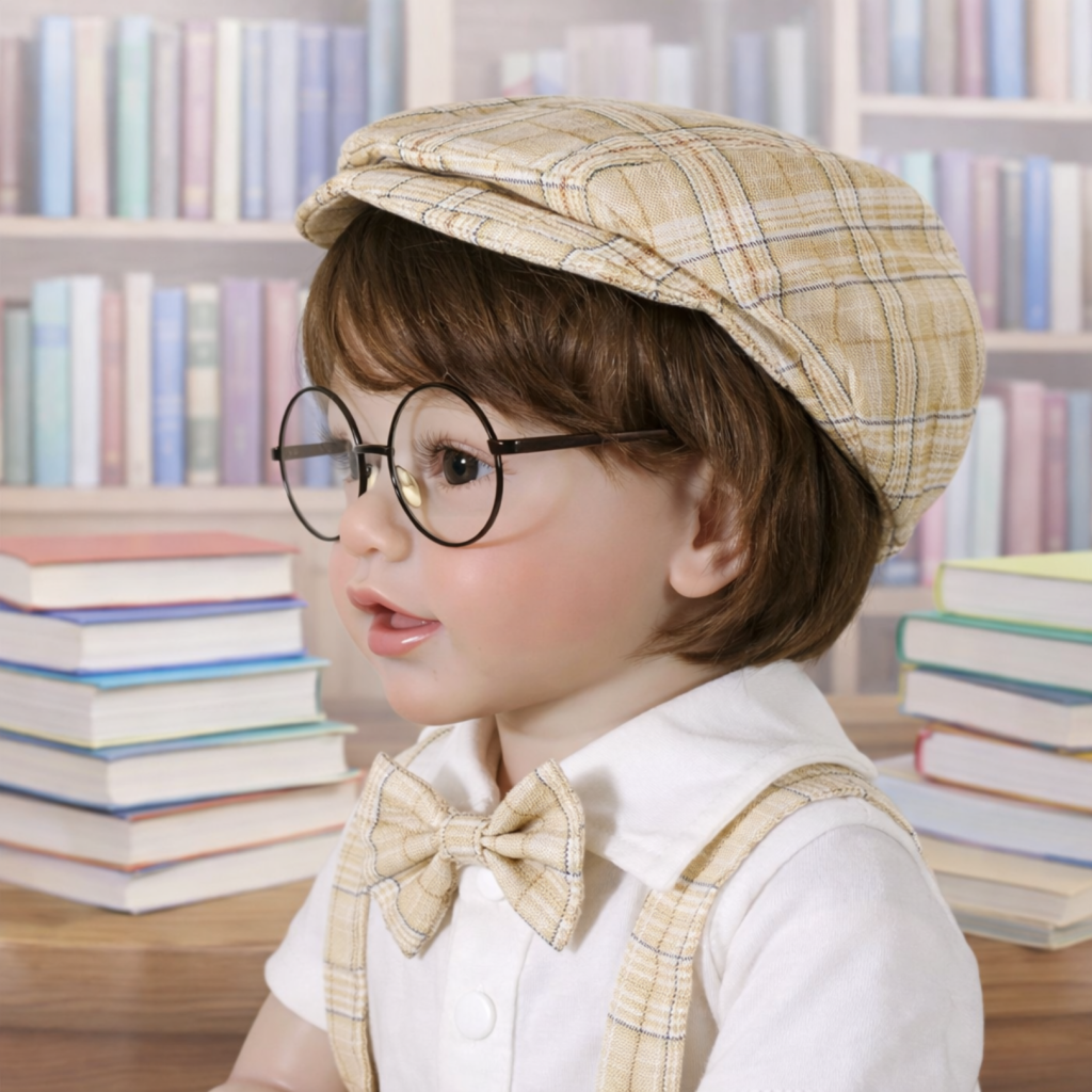 Charlie Brooks reborn toddler doll side profile with round glasses, brown hair and schoolboy outfit