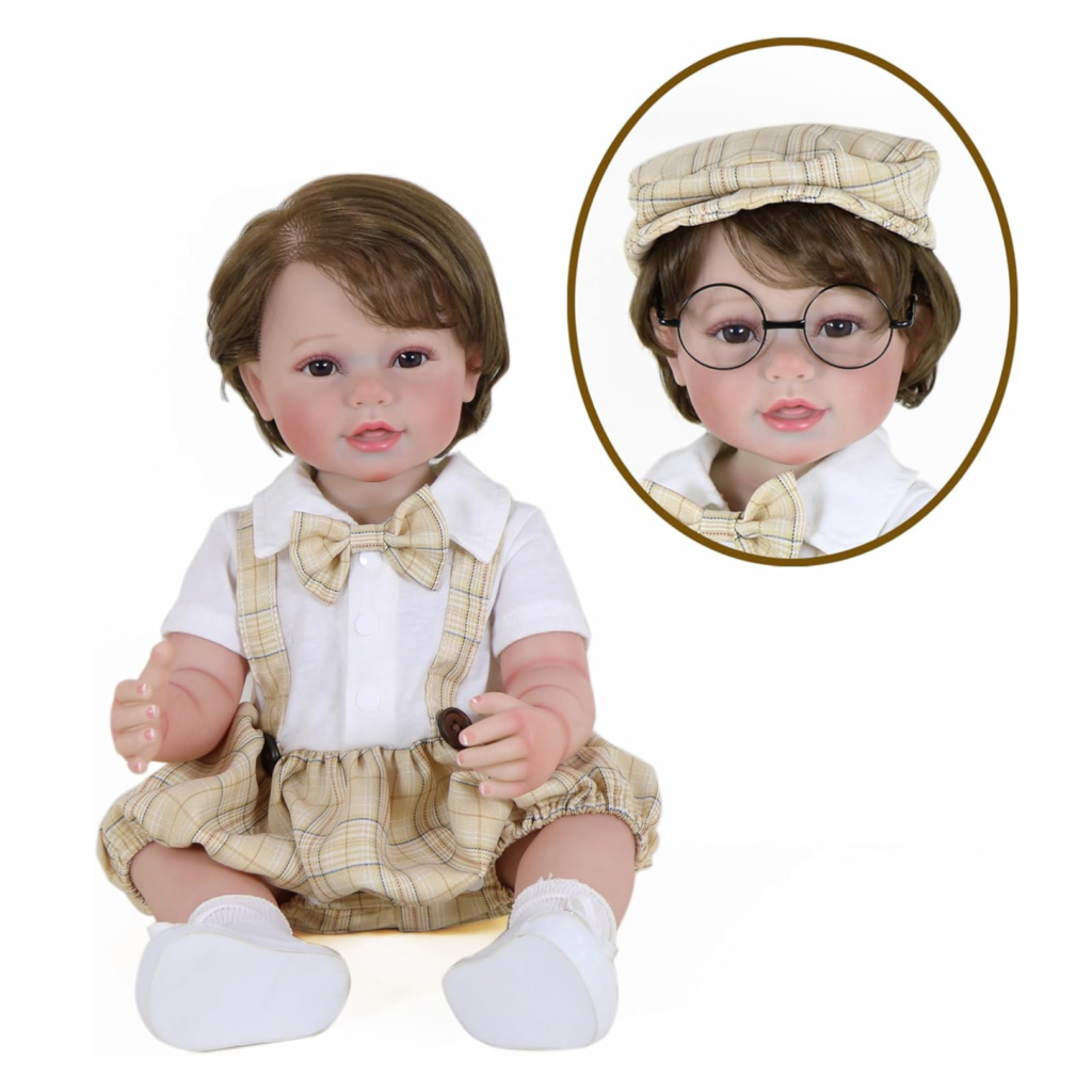 Charlie Brooks reborn doll with and without glasses showing two styling options for schoolboy look