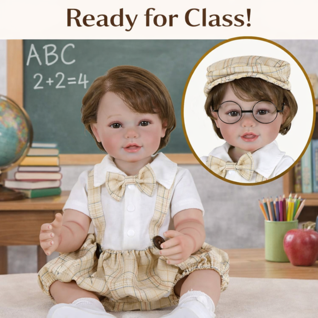 Charlie Brooks reborn baby doll in classroom setting with chalkboard and school theme outfit