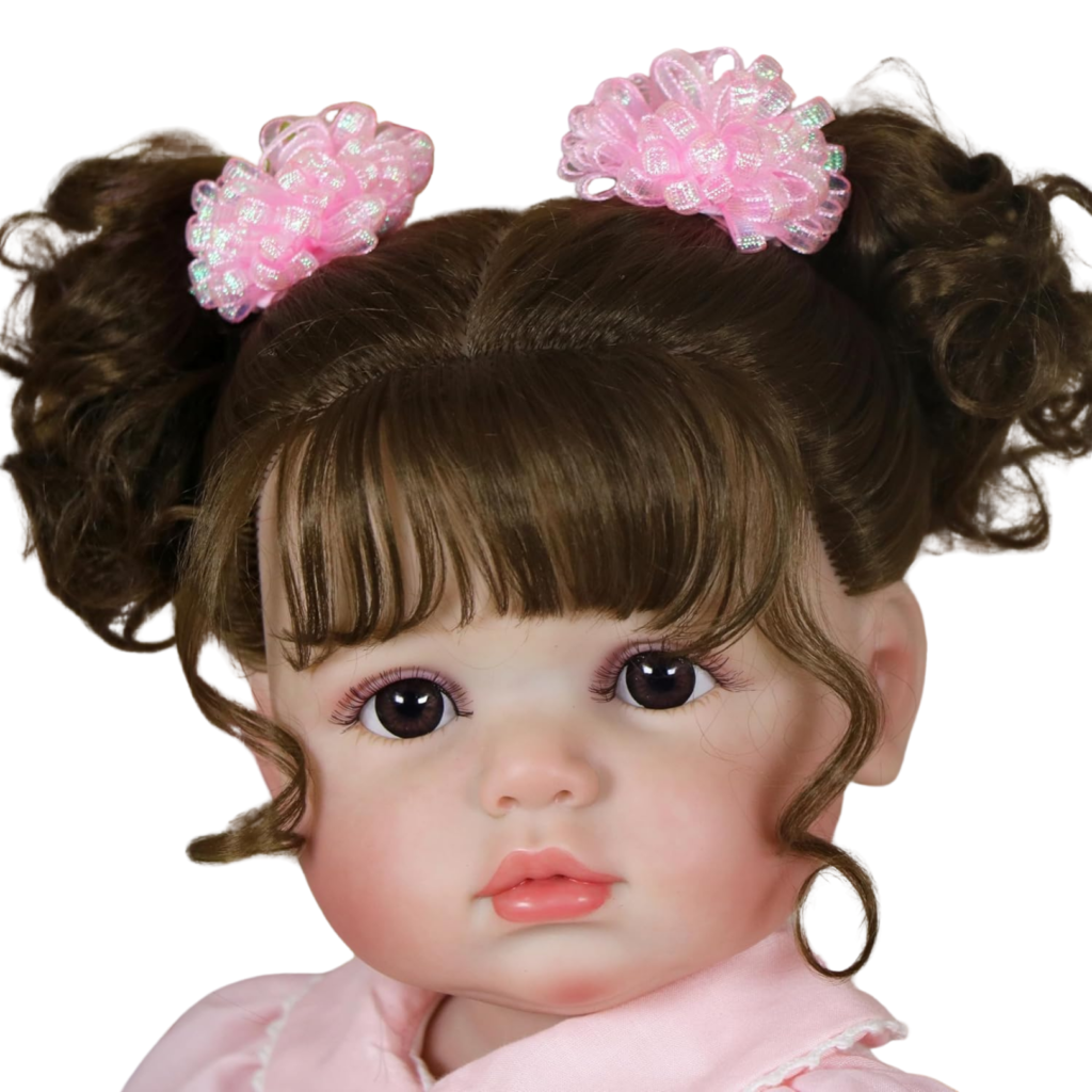 Close-up Clara Bloom reborn baby doll with lifelike hand-painted face brown eyes and soft expression