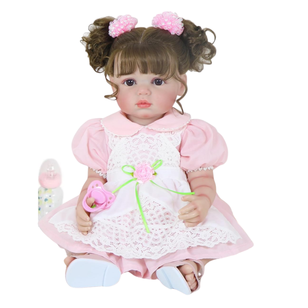 Clara Bloom 22 inch reborn toddler doll full vinyl body wearing pink and white lace dress with accessories