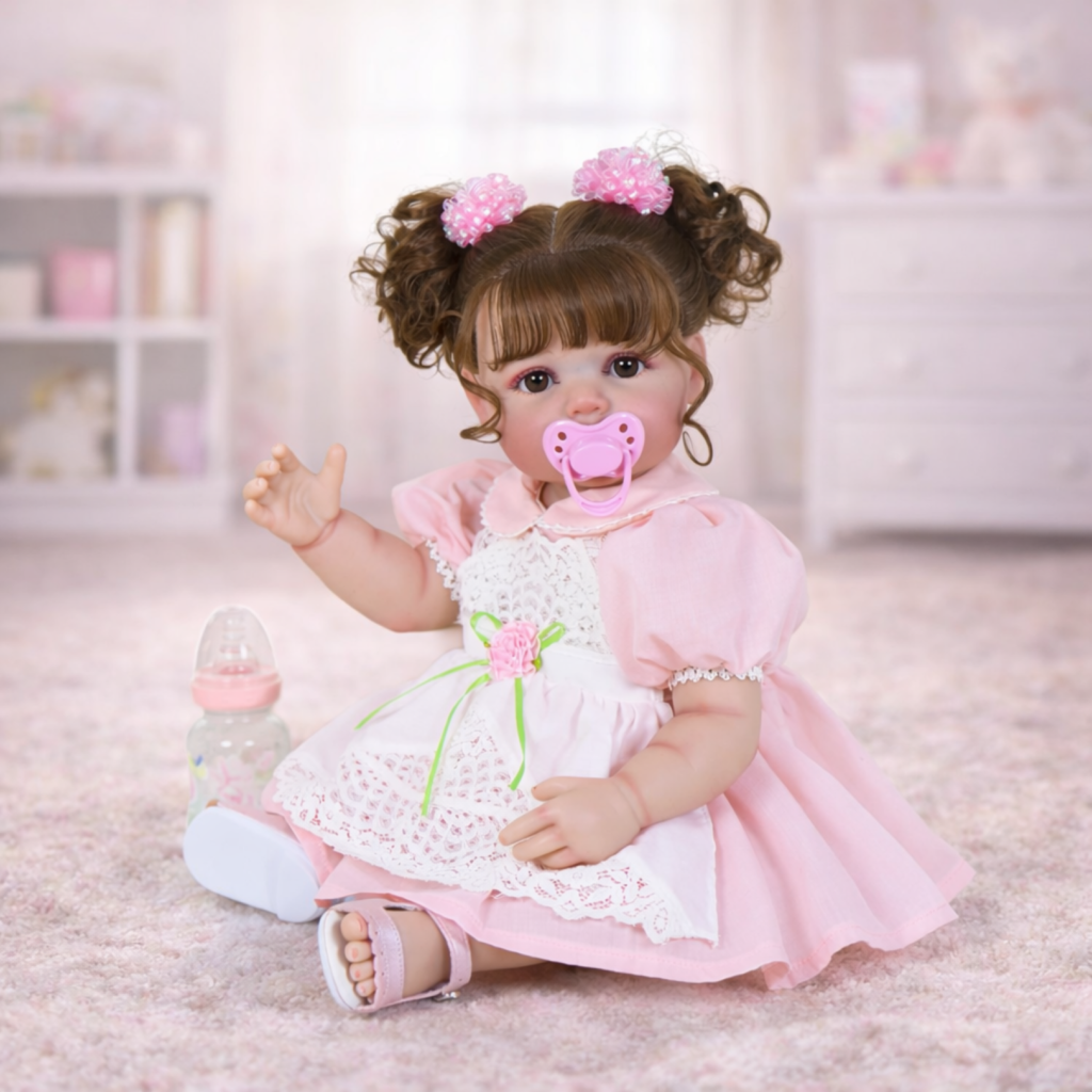 Clara Bloom reborn doll sitting in nursery with pink pacifier baby bottle and soft background decor