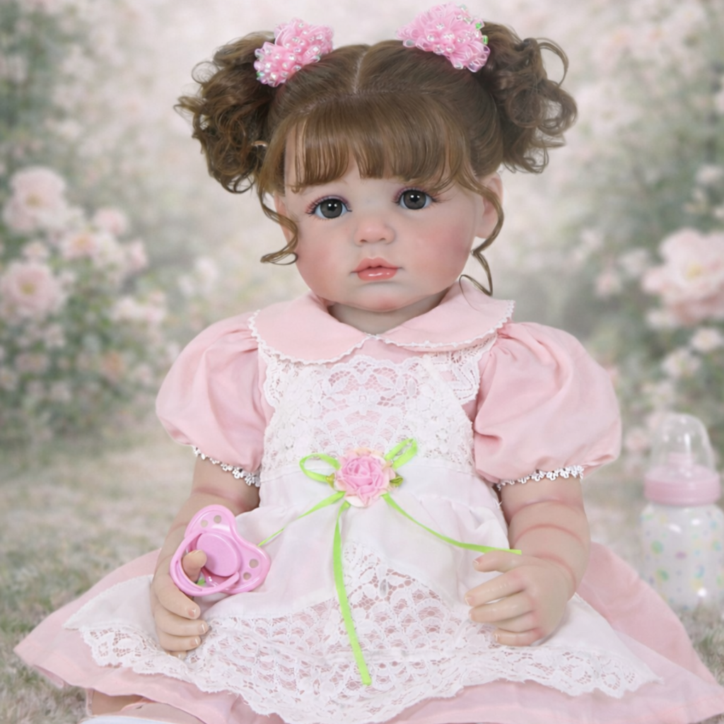 Clara Bloom reborn toddler doll in floral garden backdrop wearing lace dress and holding pink pacifier
