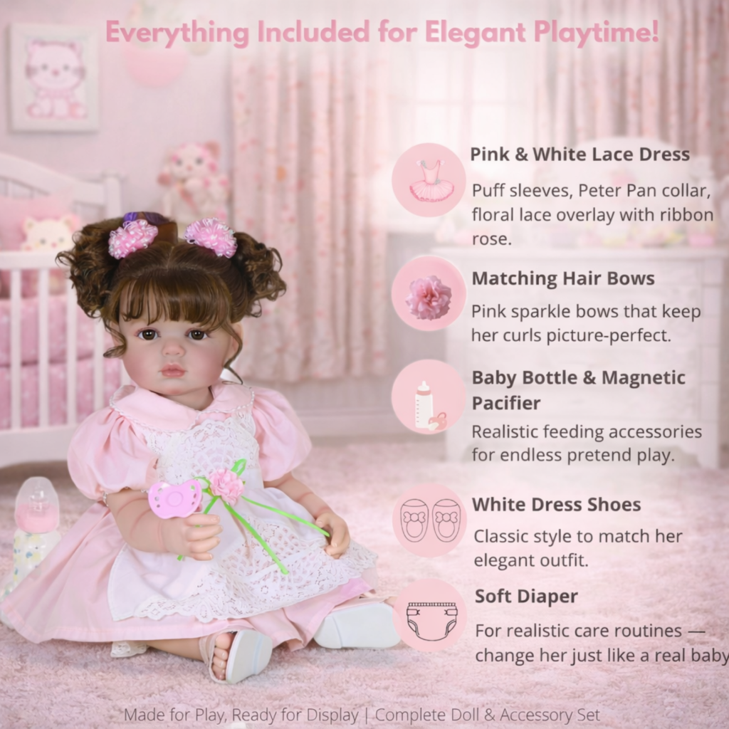 Clara Bloom reborn doll accessories set includes lace dress hair bows baby bottle magnetic pacifier shoes and diaper