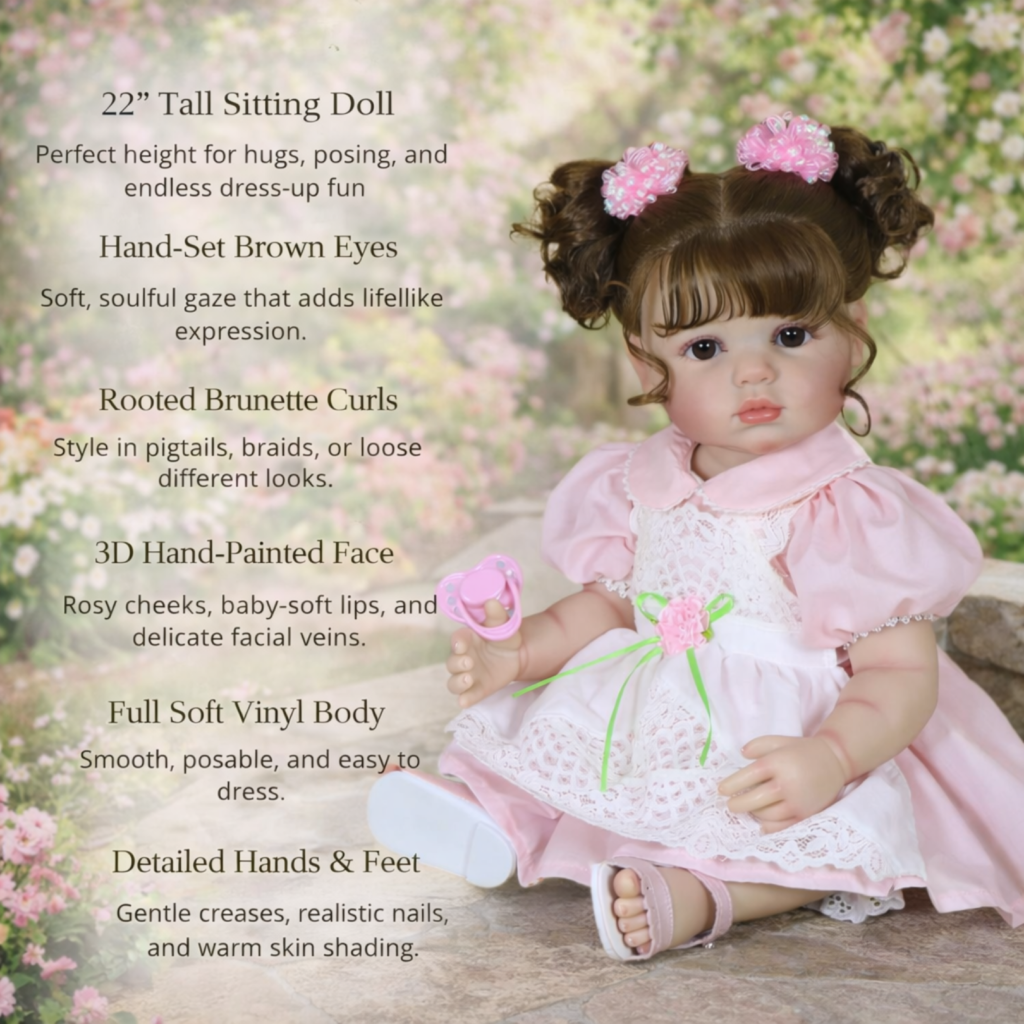Clara Bloom 22 inch reborn doll with hand-painted face rooted brunette curls full vinyl body and detailed hands and feet