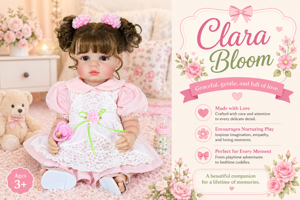 Clara Bloom reborn toddler doll in pink nursery setting wearing pink and white lace dress with accessories for nurturing play