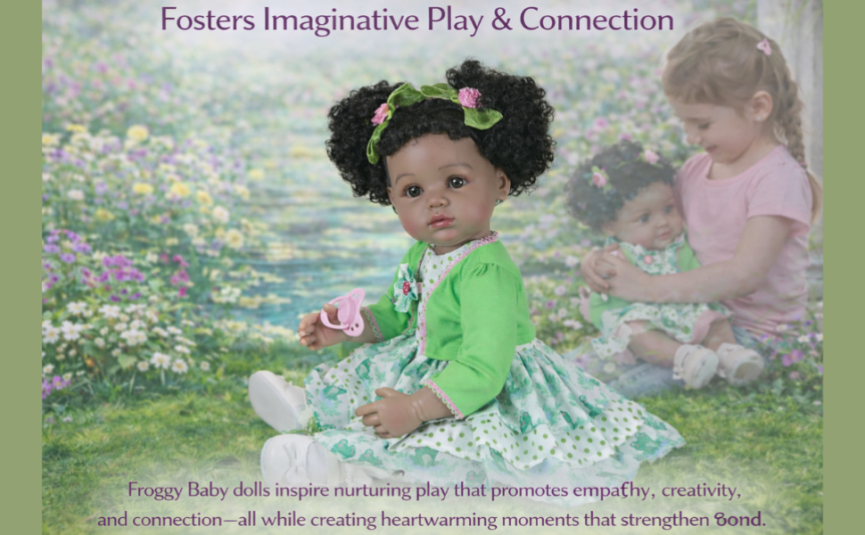 froggy baby reborn toddler doll in green outfit sitting in garden setting promoting imaginative and nurturing play