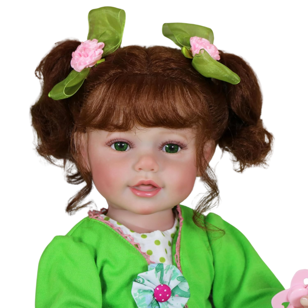 Froggy Girl reborn toddler doll close-up with green eyes, brown hair, and curly pigtails