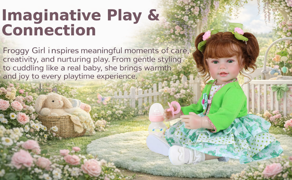 Froggy Girl reborn toddler doll in green outfit sitting in garden scene designed for nurturing play and imaginative connection