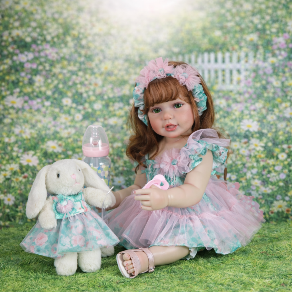 reborn toddler doll sitting in flower field with bunny toy garden play theme