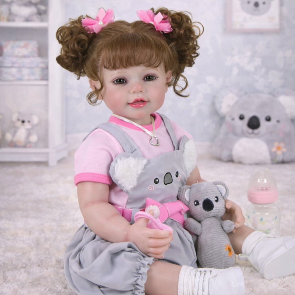 Reborn baby doll seated in nursery setting with koala plush and bottle, lifelike toddler doll for play and display