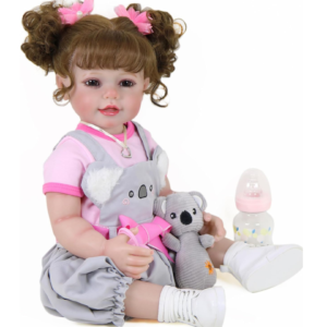 Full body reborn toddler doll in gray koala outfit holding plush toy, realistic baby doll with accessories