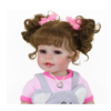 Lifelike reborn toddler doll with curly brown pigtails, glossy lips and detailed facial features