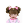 Realistic reborn baby doll girl with brown rooted hair in pigtails, lifelike eyes and soft vinyl face