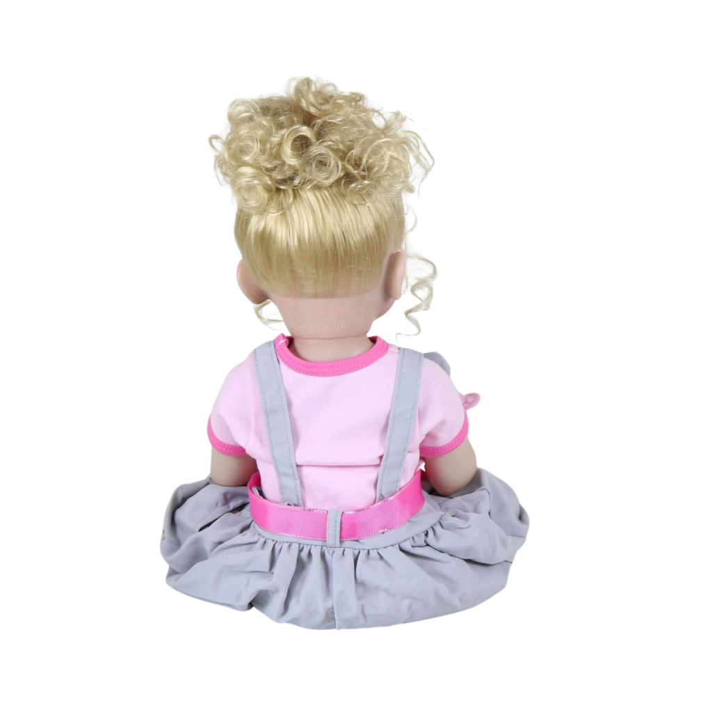 Back view Luna Mae reborn doll showing blonde curly hair styled in ponytail and grey outfit with pink accents