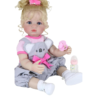 Full body Luna Mae reborn toddler doll sitting with pacifier wearing grey koala outfit and white shoes