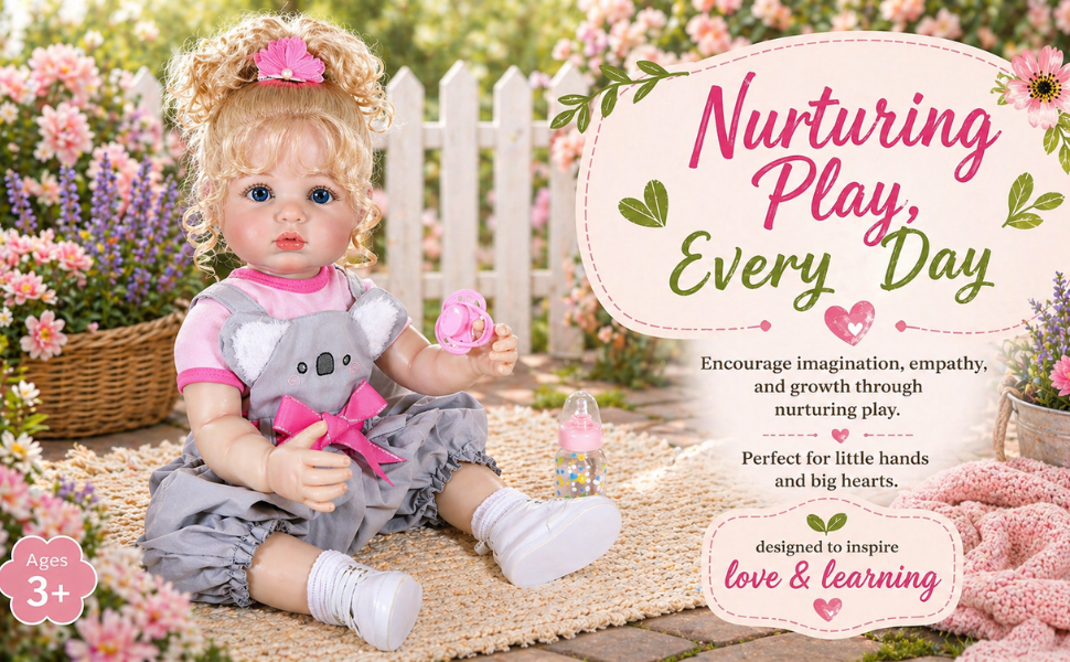 Luna Mae reborn toddler doll with blonde curls sitting in garden holding pacifier with baby bottle accessory