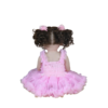 Back view of Madison reborn doll showing curly pigtails and pink ruffle dress design