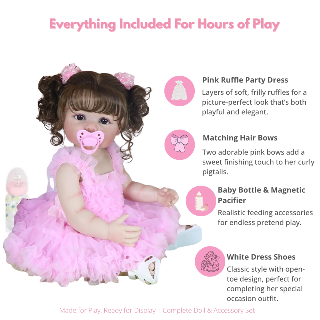 Reborn baby doll set includes pink dress, bows, magnetic pacifier, bottle, and white shoes