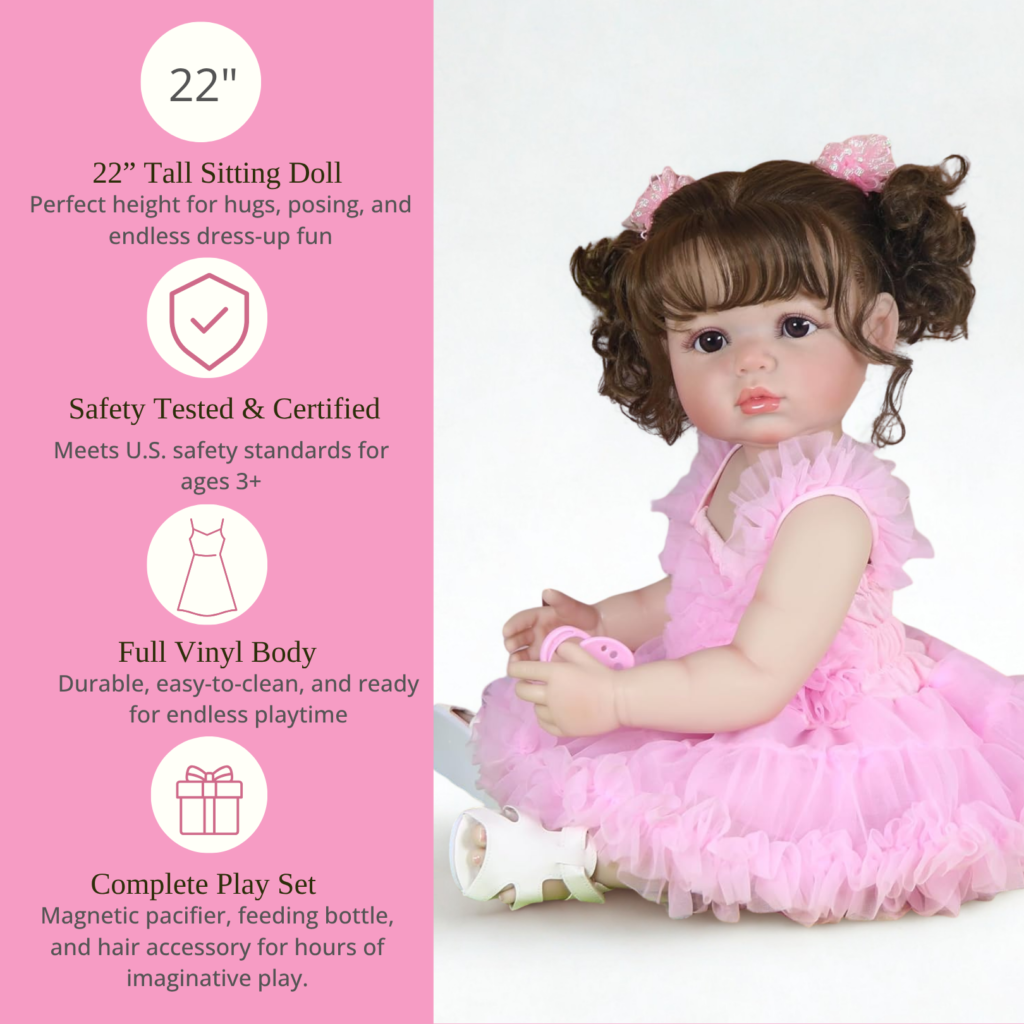 22 inch reborn toddler doll Madison with full vinyl body, safety tested, and complete play set