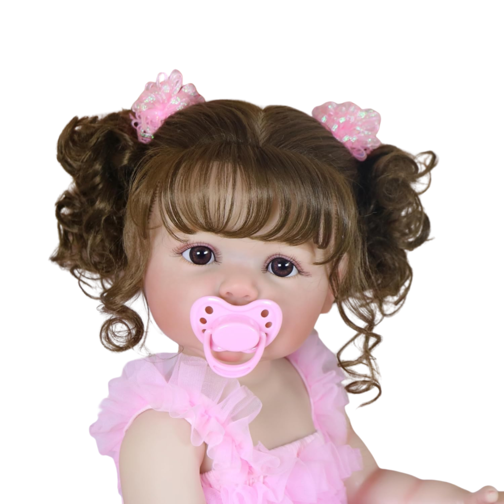 Realistic reborn doll Madison with magnetic pacifier and curly brown pigtails