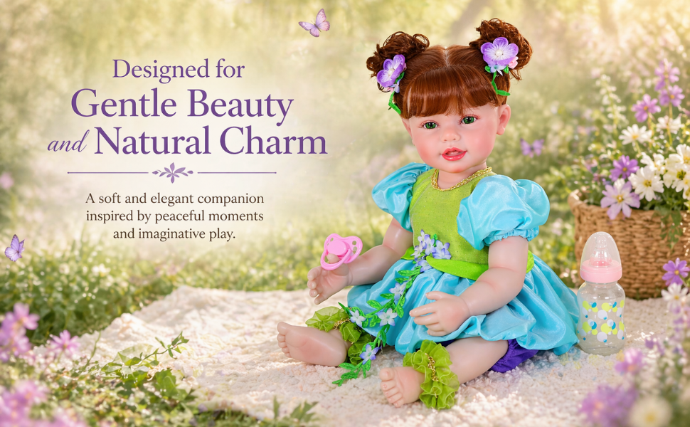 Meadow Grace reborn toddler doll in green and blue dress sitting in floral garden with pacifier and baby bottle accessories