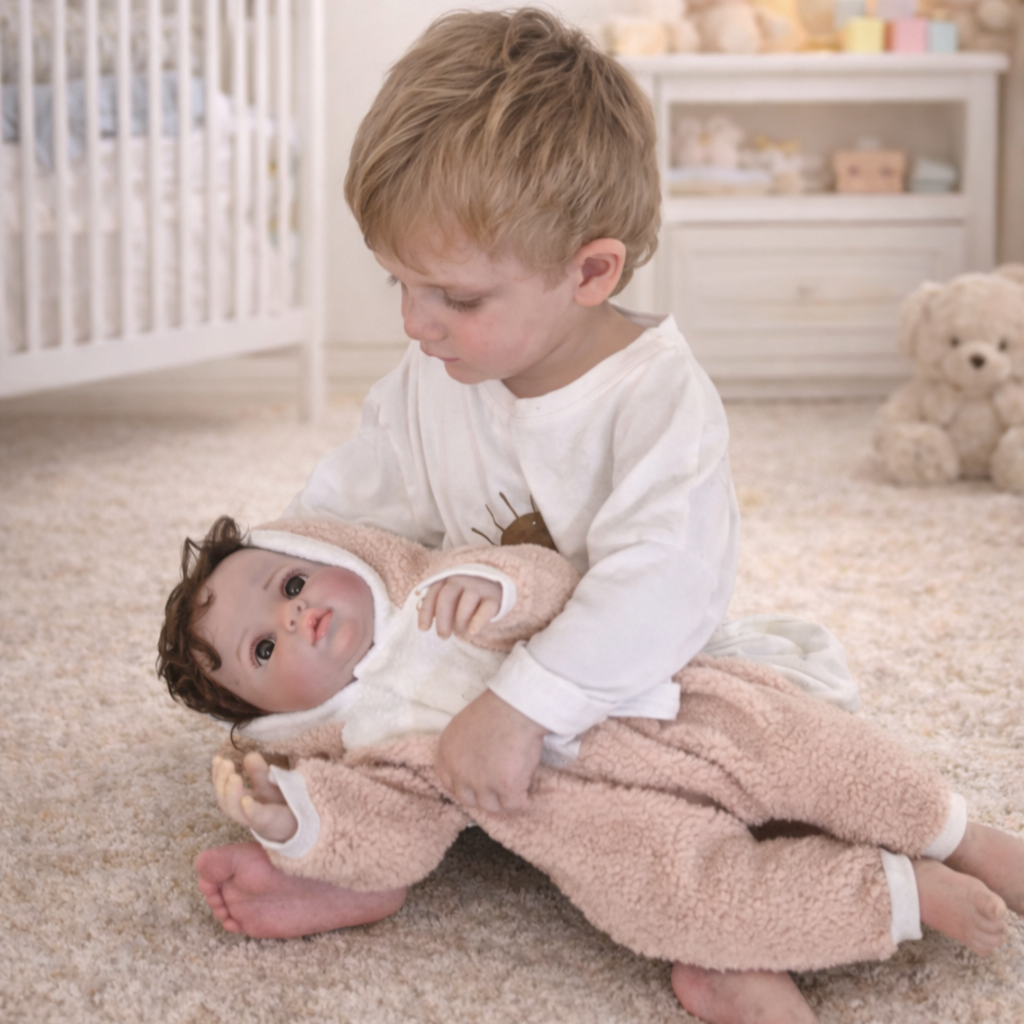 child holding baby bear oliver reborn doll in teddy outfit during nurturing play