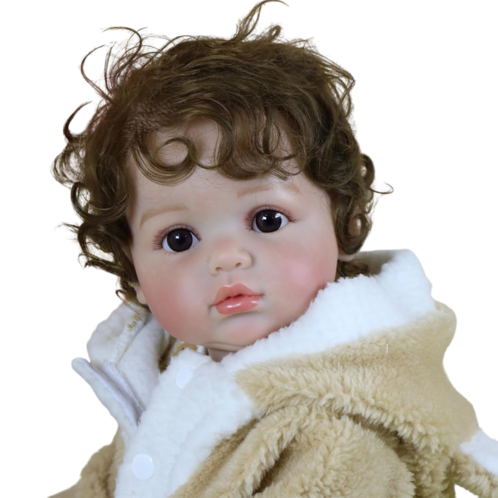 baby bear oliver reborn doll close up with curly hair and realistic facial features