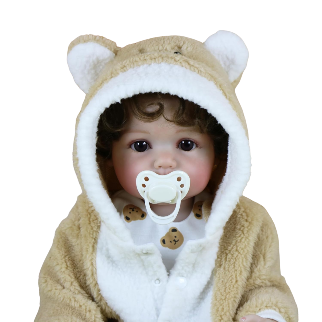 baby bear oliver reborn doll close up wearing teddy bear hooded outfit with pacifier