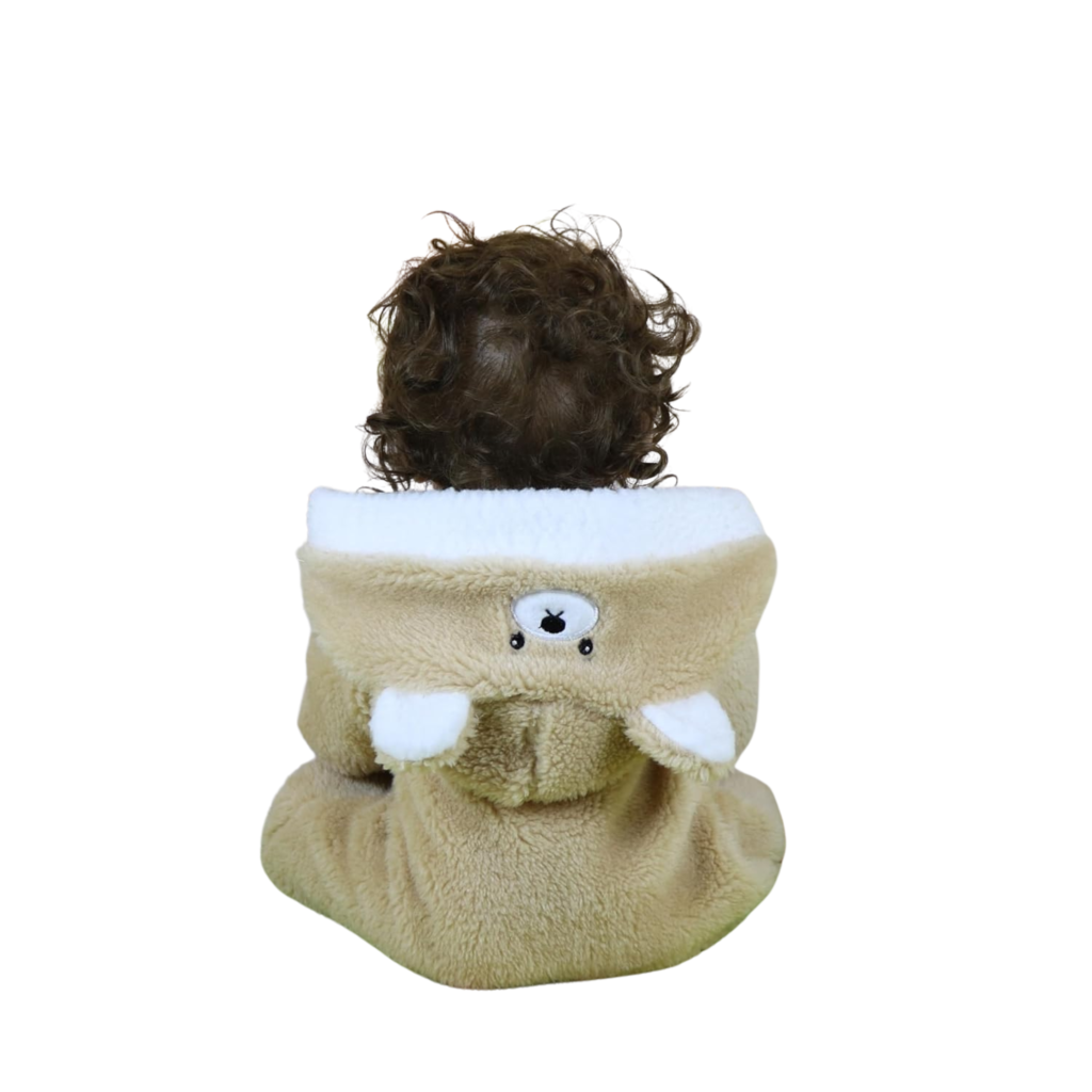 baby bear oliver reborn doll back view showing teddy bear hood detail