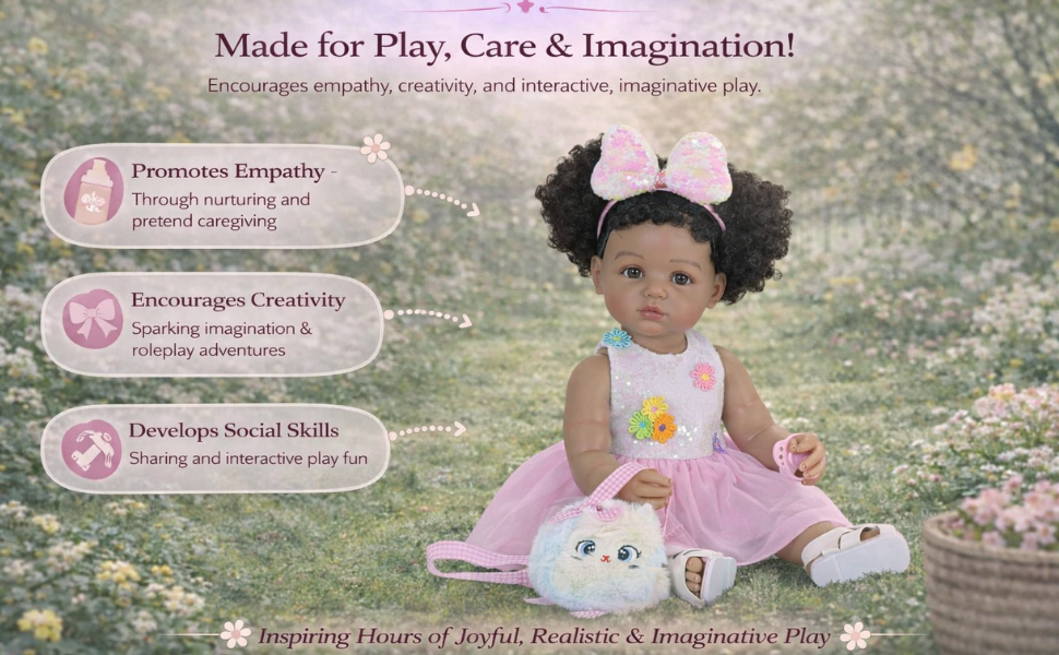 Play Day Amaya reborn toddler doll with curly hair and pink dress sitting in a garden holding purse, highlighting imaginative play, empathy, creativity, and social skill development