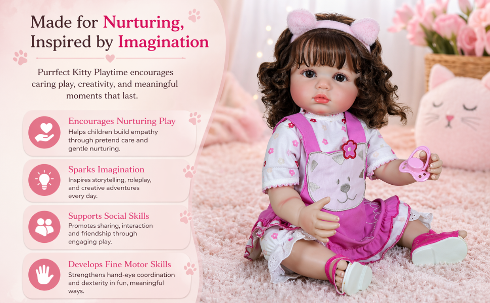 Reborn toddler doll Purrfect Kitty in pink cat outfit holding pacifier, realistic full vinyl baby doll with curly brown hair and lifelike features