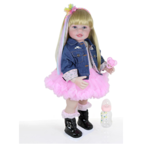 Rainbow Dreams 22 inch reborn toddler doll full body with pink tutu dress denim jacket pacifier and bottle on white background