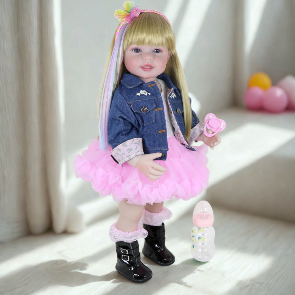 Rainbow Dreams reborn doll standing in soft sunlight nursery setting with pink tutu dress denim jacket and accessories