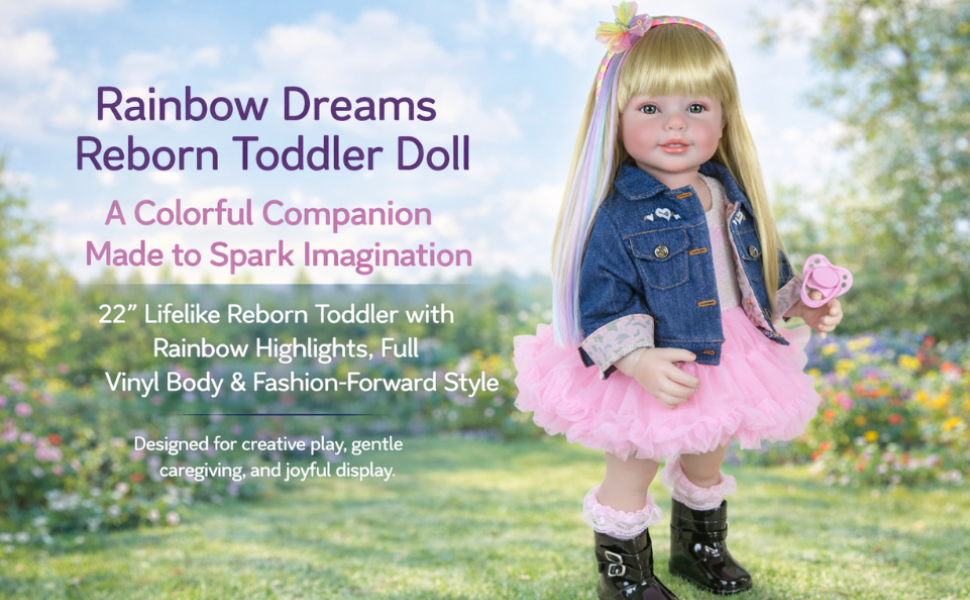 rainbow toddler doll with colorful hair highlights wearing denim jacket and pink tutu full body
