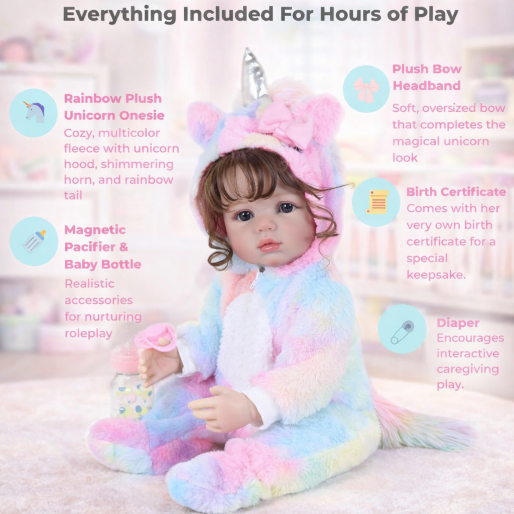 Reborn baby doll set with unicorn outfit, pacifier, bottle, diaper, headband, and birth certificate
