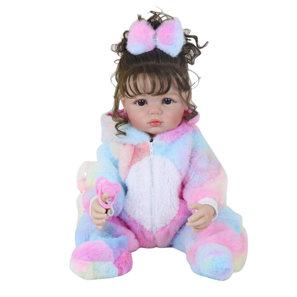 Realistic reborn baby doll in rainbow unicorn onesie with hood and pacifier, full body sitting pose