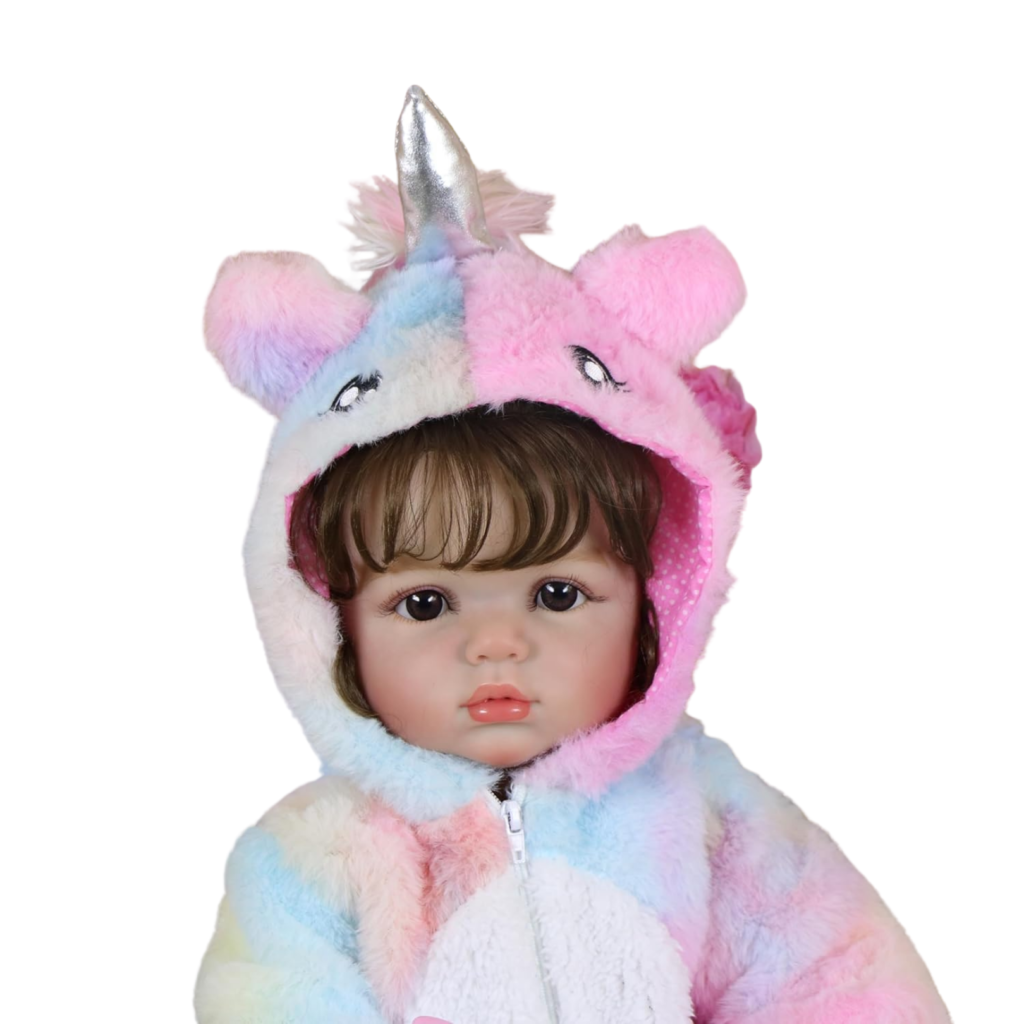 Close-up of reborn baby doll with brown hair and expressive eyes in pastel unicorn hood