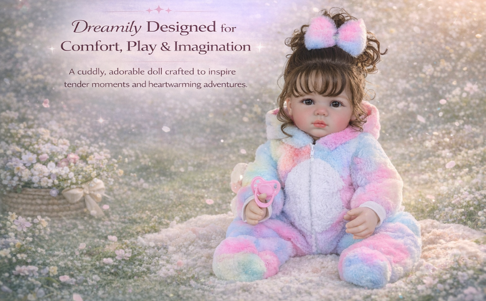 Rainbow Unicorn Baby reborn doll wearing pastel rainbow unicorn outfit, sitting on blanket in dreamy garden setting