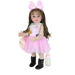 22 inch reborn toddler doll pink sequin dress bow headband white background