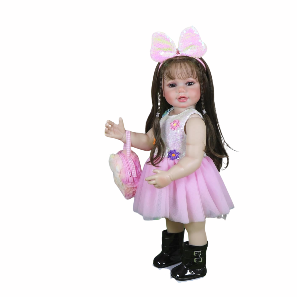 22 inch reborn toddler doll pink sequin dress bow headband white background