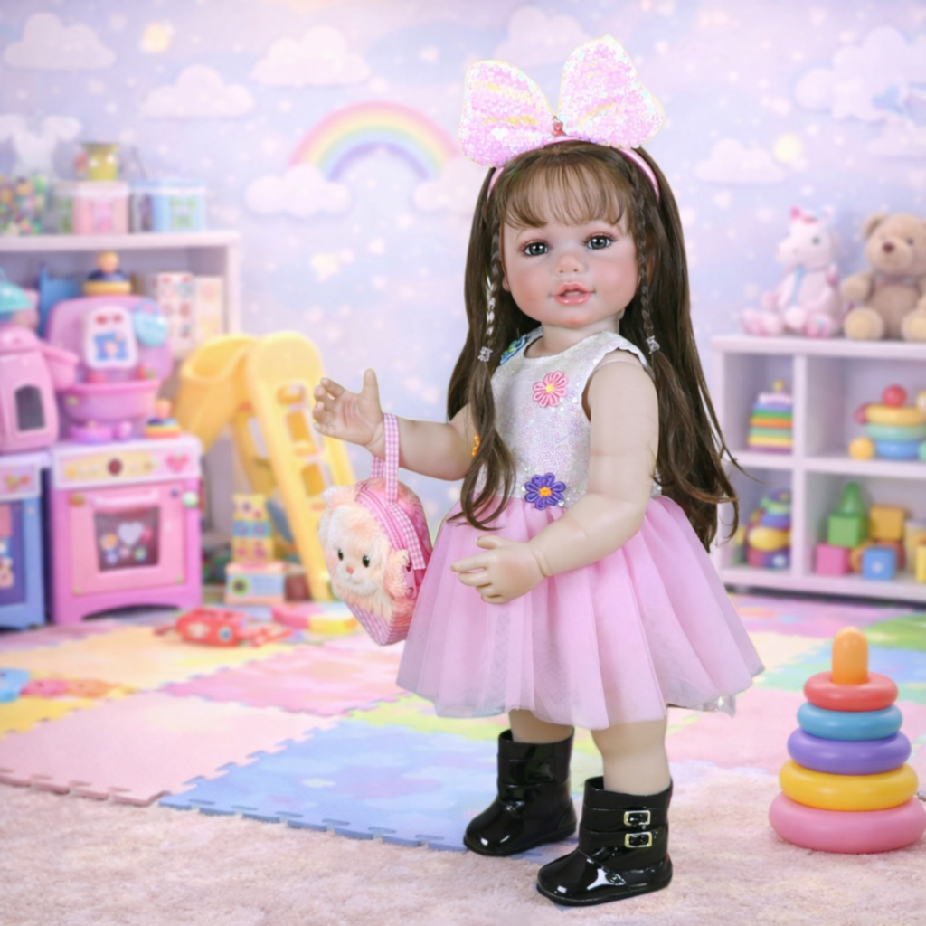 reborn toddler doll in colorful playroom wearing pink tutu dress and bow headband