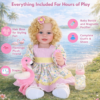 realistic reborn toddler doll Sunny Flamingo Girl with blonde curly hair detailed face poseable vinyl body and soft flamingo toy