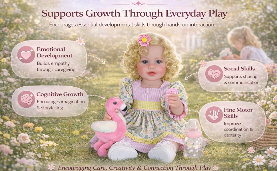 Sunny Flamingo Girl reborn toddler doll with blonde curls sitting in garden holding flamingo plush with developmental play benefits emotional social cognitive and motor skills infographic