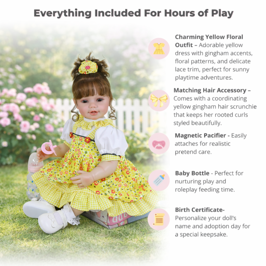 Bella Sunshine reborn doll set with yellow outfit pacifier baby bottle and accessories for realistic play