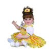 Full body Bella Sunshine reborn doll sitting pose with pacifier wearing yellow gingham floral dress