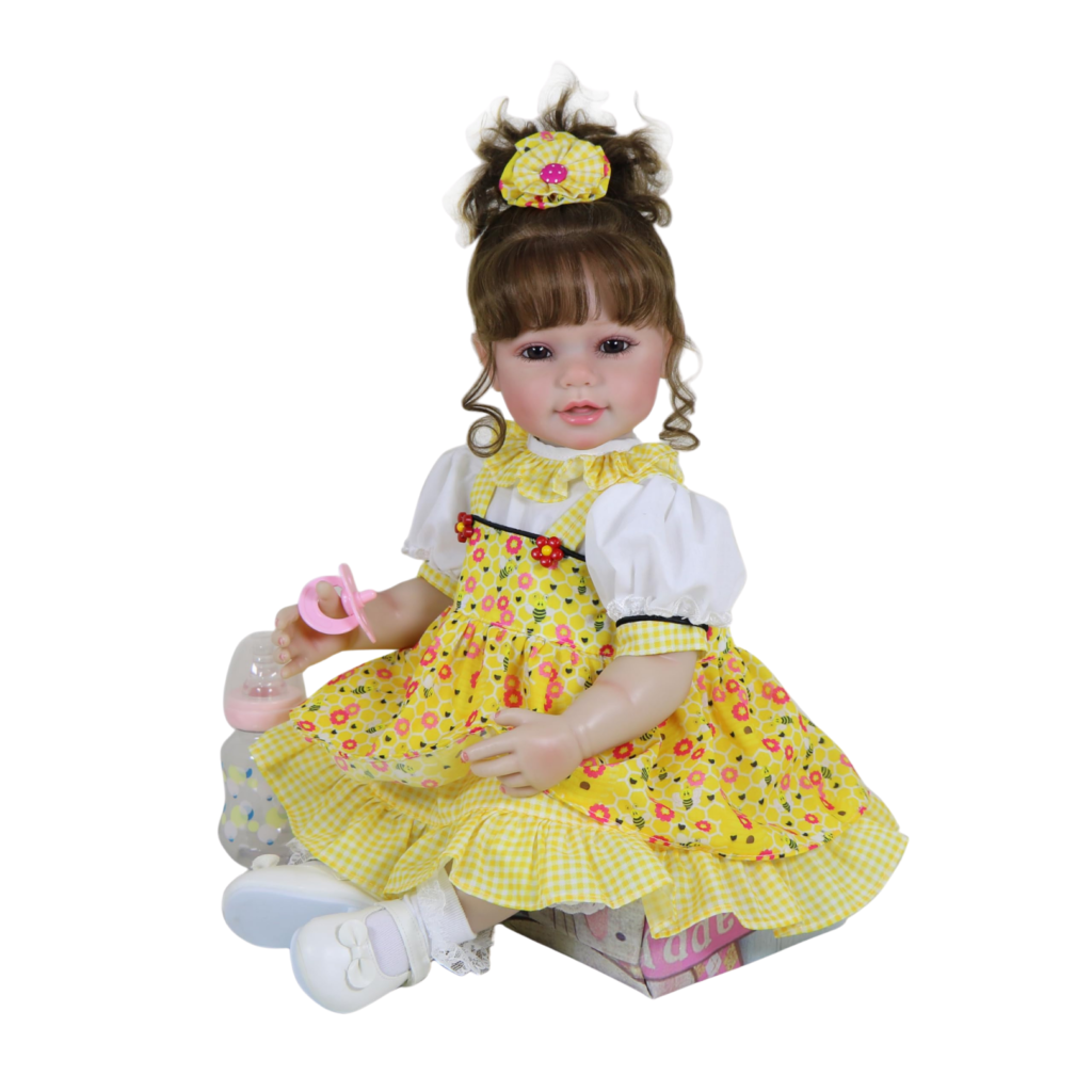 Realistic Bella Sunshine reborn toddler doll with baby bottle accessory wearing yellow floral outfit
