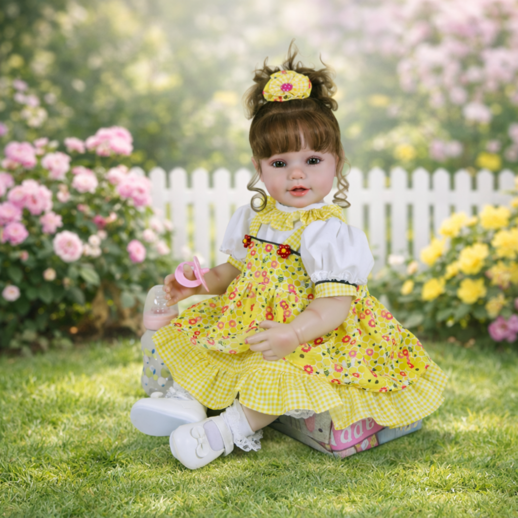 Bella Sunshine reborn doll in garden setting with flowers and fence wearing yellow dress and holding pacifier