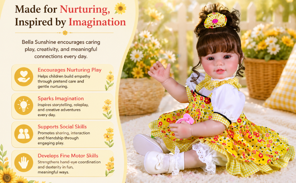 Bella Sunshine reborn toddler doll in yellow floral dress sitting in garden promoting nurturing play and imagination