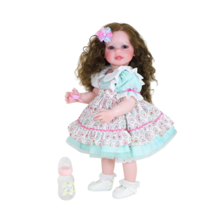 Sweet Curly Sunshine reborn toddler doll with curly brunette hair and playful outfit with bottle accessory